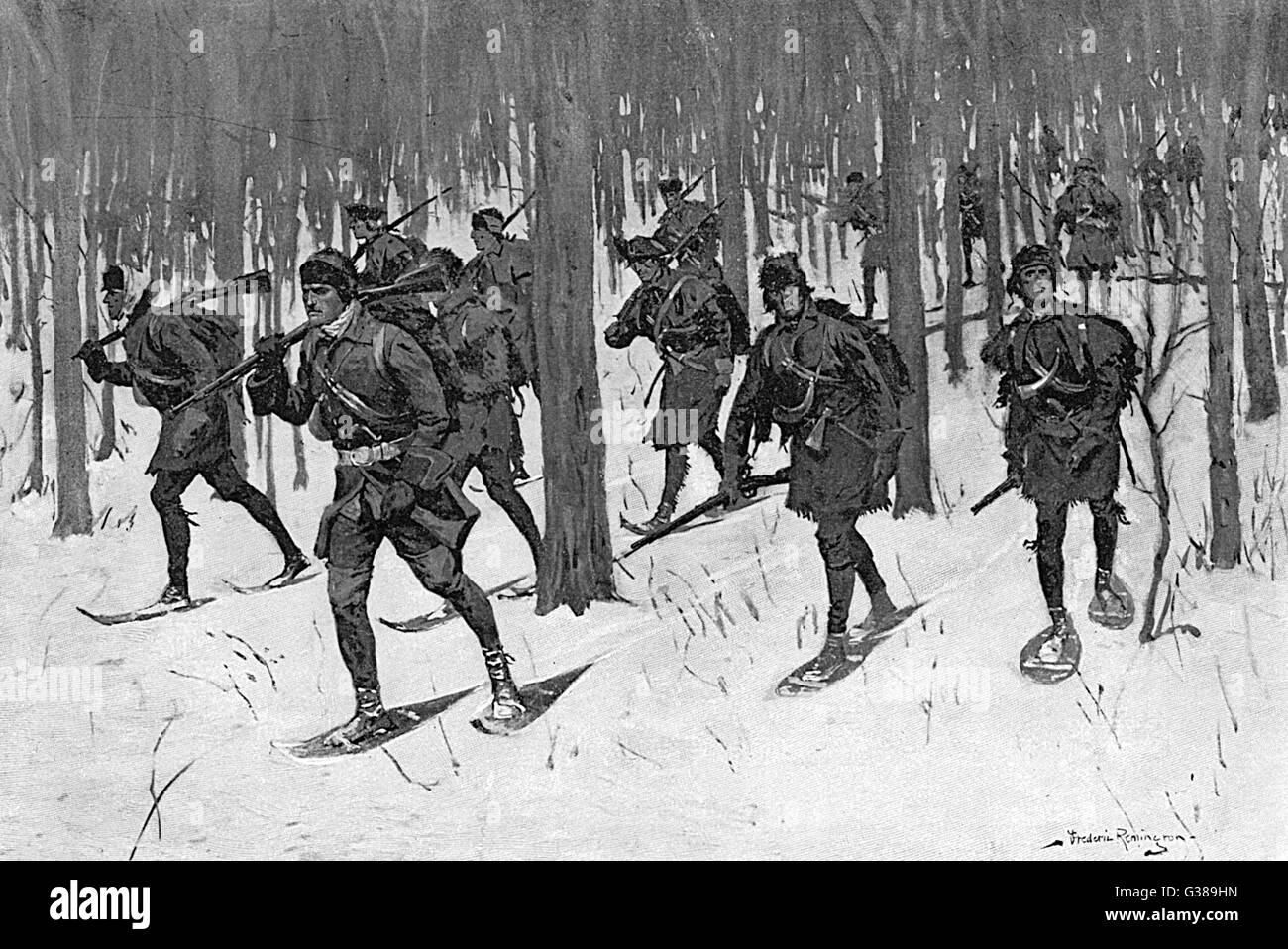 Britische Truppen passend ausgestattet für Kämpfe im nordamerikanischen Bedingungen - Rogers' Rangers im Schnee Bild 2 von 2 Datum: 1757 Stockfoto