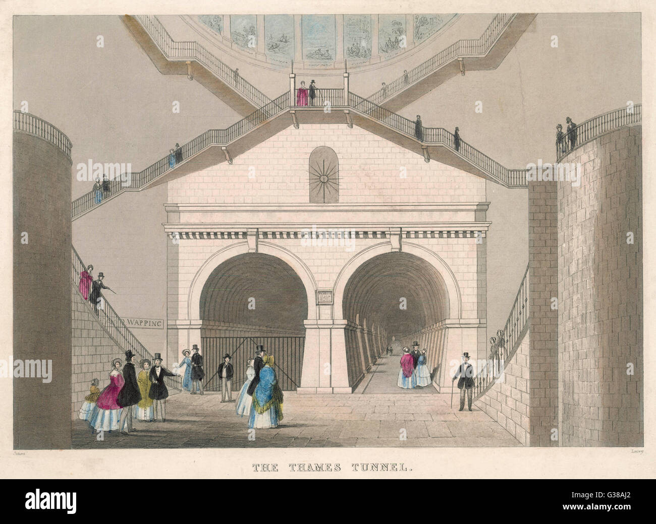 Ein Blick auf den Eingang zu den Wapping Rotherhithe-Tunnel unter der Themse, die weltweit erste Unterwasser-Tunnel, von Marc Brunel 1843 abgeschlossen. Der Tunnel wurde von Fußgängern von 1843 bis 1865, umgebaut für den Eisenbahn-Einsatz genutzt.      Datum: 1843 Stockfoto