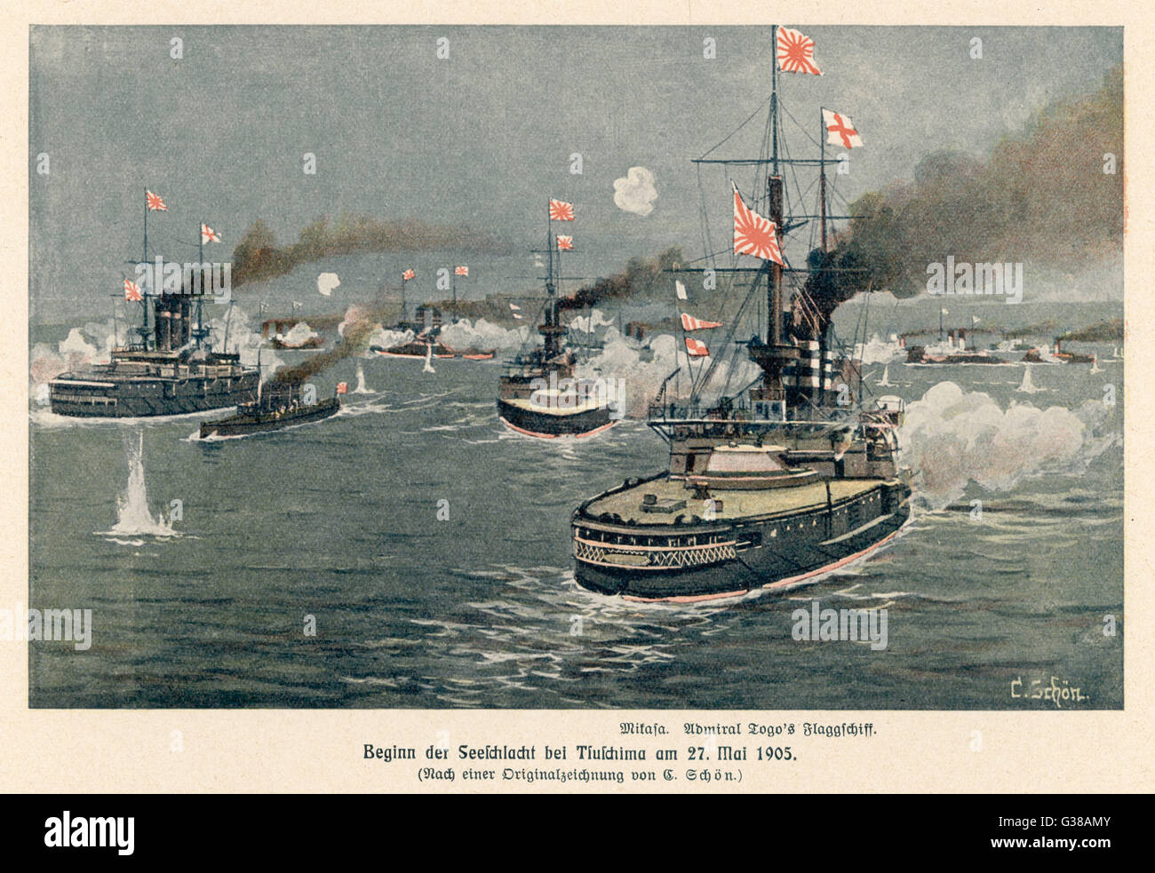 Schlacht von TSUSHIMA Straße der japanischen Admiral Togo dampft in Aktion in seinem Flaggschiff "Mikafa", eine überwältigende Niederlage der russischen Flotte termingerecht zuzufügen: 27. / 28. Mai 1905 Stockfoto