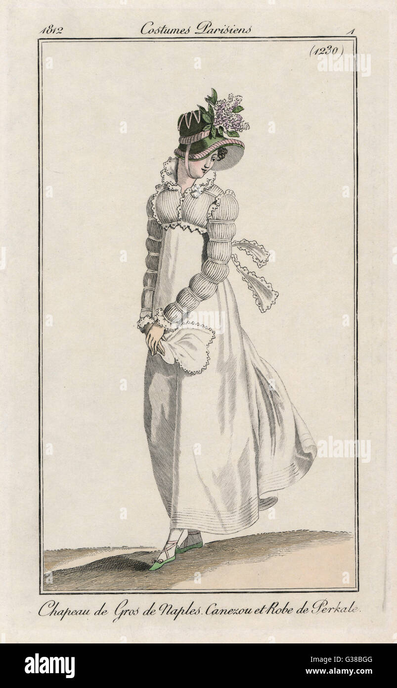 Weißen Musselin Kleid getragen mit weißen Spencer mit dekorativen Rand beschnitten. Die Ärmel sind 7 Abteilungen und "de Bouffants" mit äquidistanten Bands. Die Knöchel sind ausgesetzt.     Datum: 1812 Stockfoto