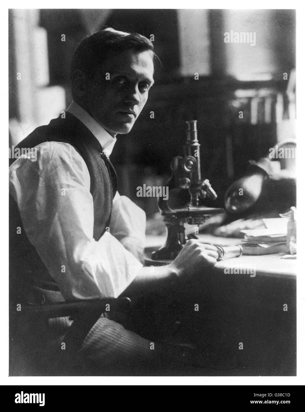SIR ALEXANDER FLEMING - schottischer Bakteriologe an seinem Schreibtisch mit seinem Mikroskop.       Datum: 1881-1955 Stockfoto