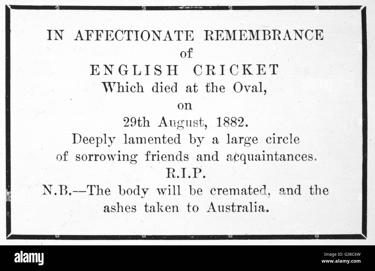 Die Asche - der ursprünglichen Ankündigung, die Trauer über des Verlust der Australier Ina Testreihen Datum: 1882 Stockfoto