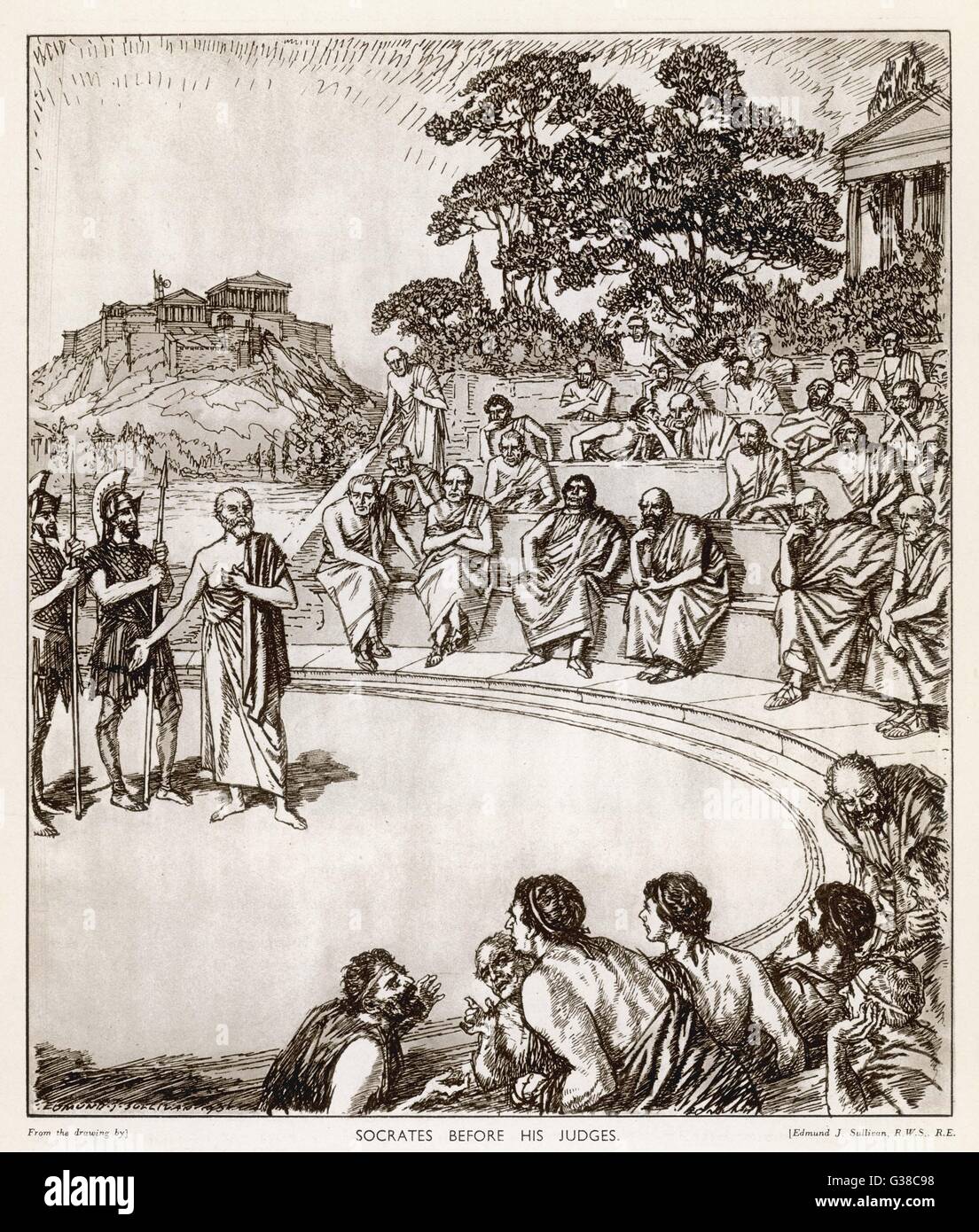 SOCRATES auf dem Prüfstand vor dem Rat von Athen: sie finden ihn schuldig Jugend korrumpieren, und er tötet sich selbst durch das Trinken von Hemlock Datum: 470-399 v. Chr. Stockfoto