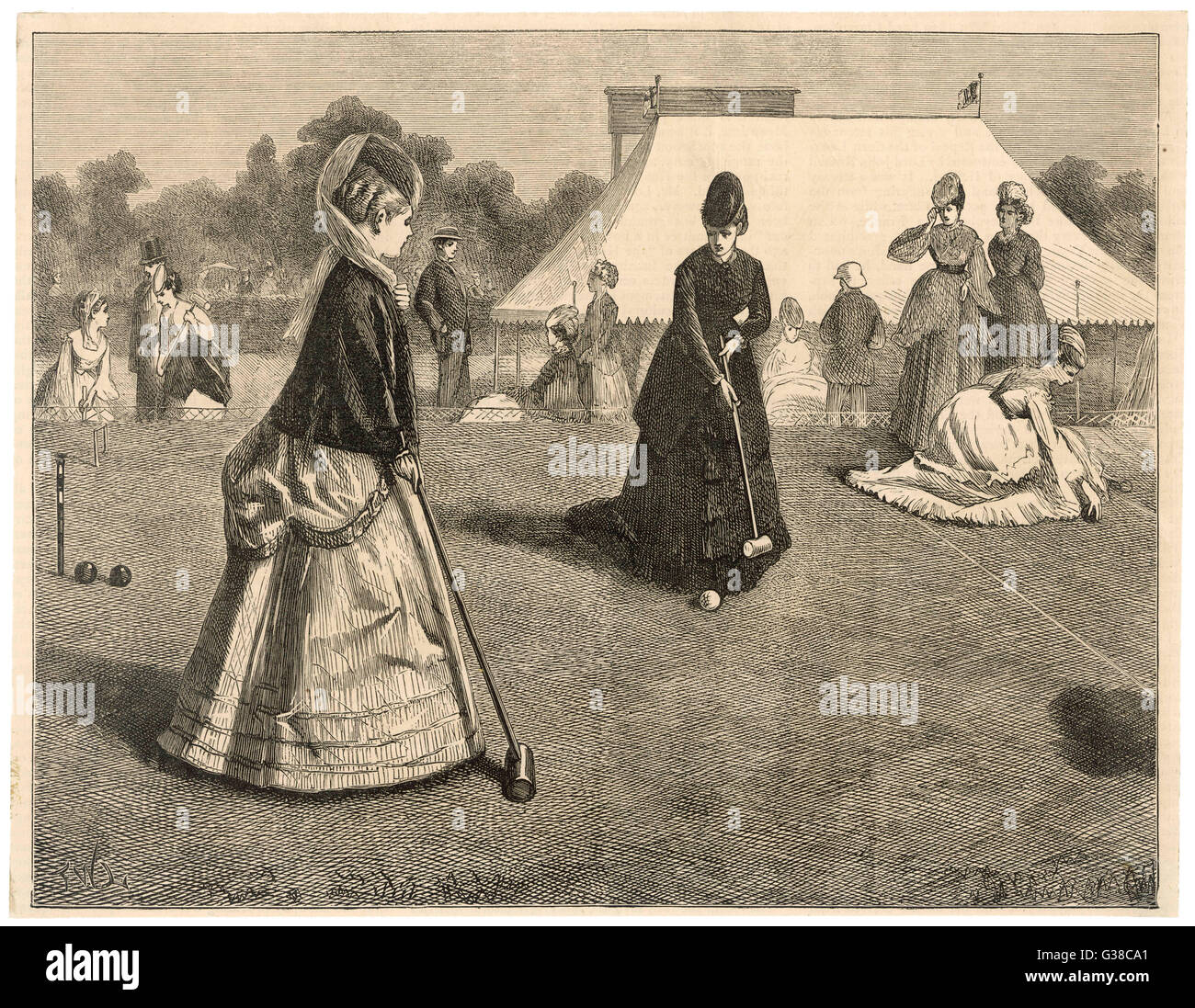 Eine Dame-Spieler nimmt während der All England Club-Turnier in Wimbledon Datum: 1870 Stockfoto