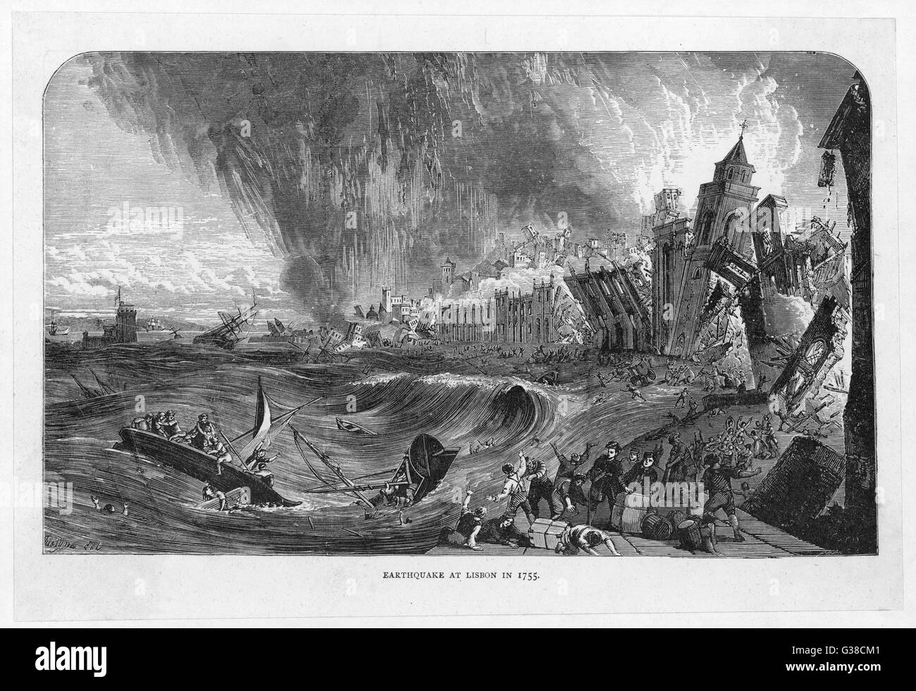 Ein Tsunami (Flutwelle) fegt den North Tejo bei ca. 11:00, einige 90 Minuten nach dem Erdbeben Zittern, und von Zeugen zu einem Berg Datum verglichen: 1. November 1755 Stockfoto