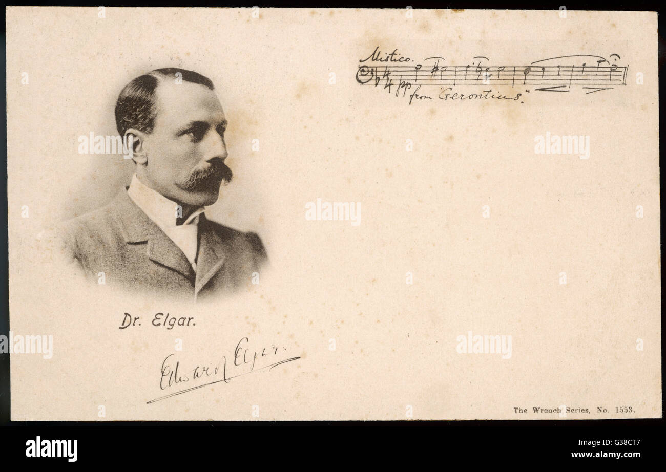 EDWARD ELGAR Elgar mit einem Zitat aus der Partitur seines Oratoriums "The Dream of Gerontius".     Datum: 1857-1934 Stockfoto