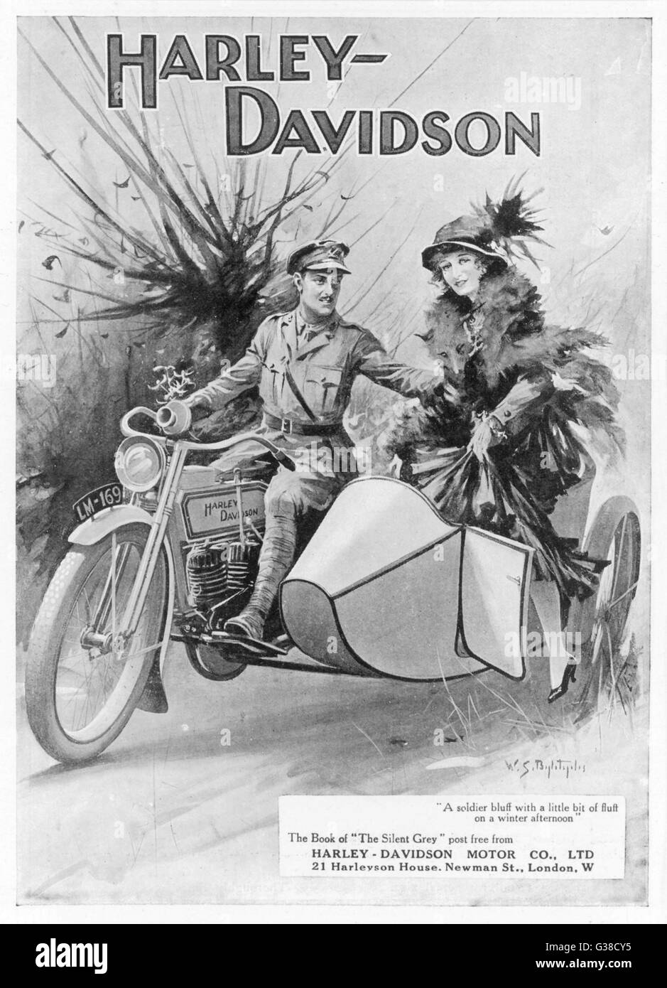 Eine Werbung für Harley - Davidson, zeigt einen Soldaten unter seiner Freundin für eine Fahrt.       Datum: 1915 Stockfoto