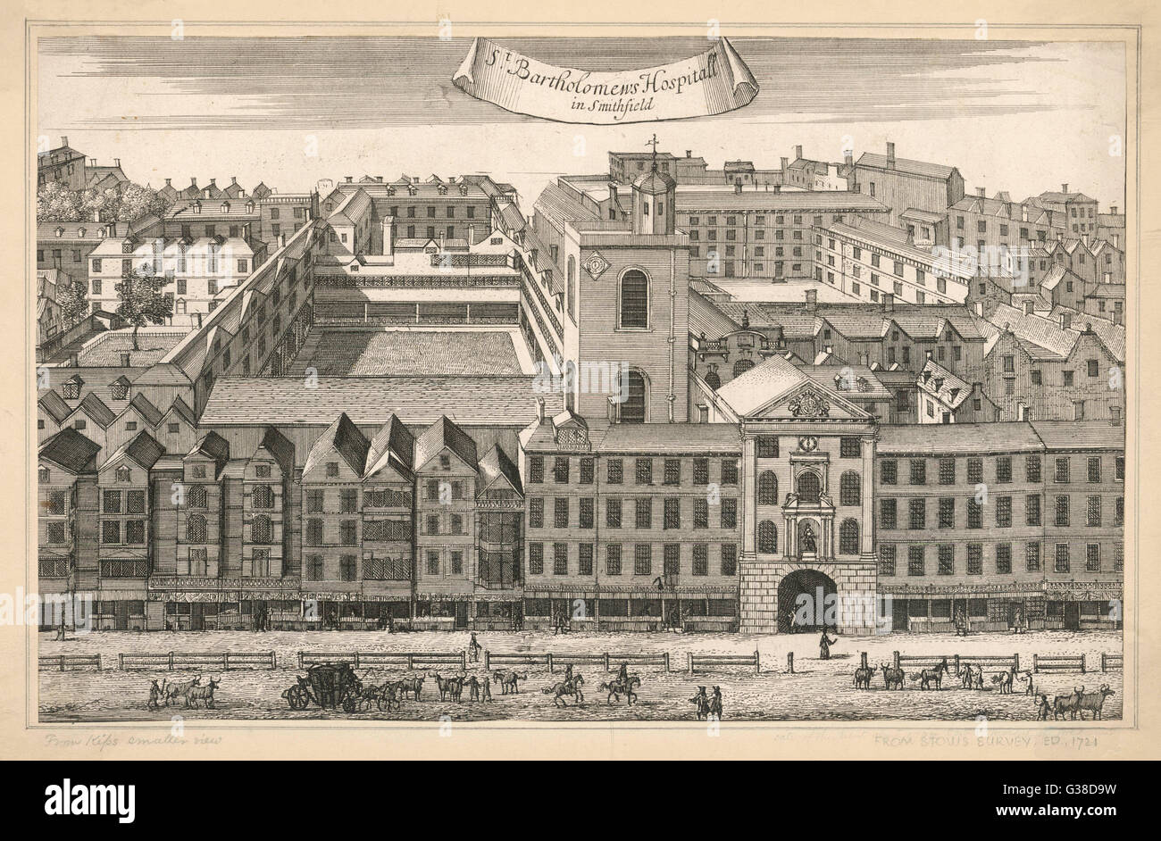 Eine allgemeine Außenansicht der Gebäude, die St.-Bartholomäus Krankenhaus in Smithfield, London ausmachen.      Datum: 1721 Stockfoto