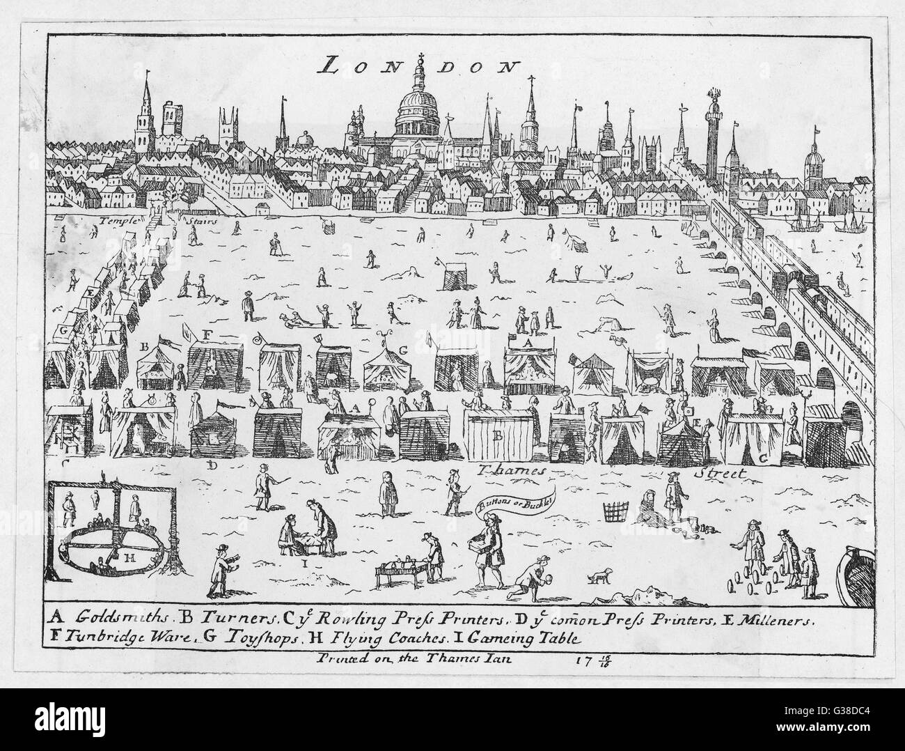 Ein Frost fair auf der Themse, der vom 24. November 1715 bis 9. Februar 1716 gefroren war.      Datum: 1715-1716 Stockfoto
