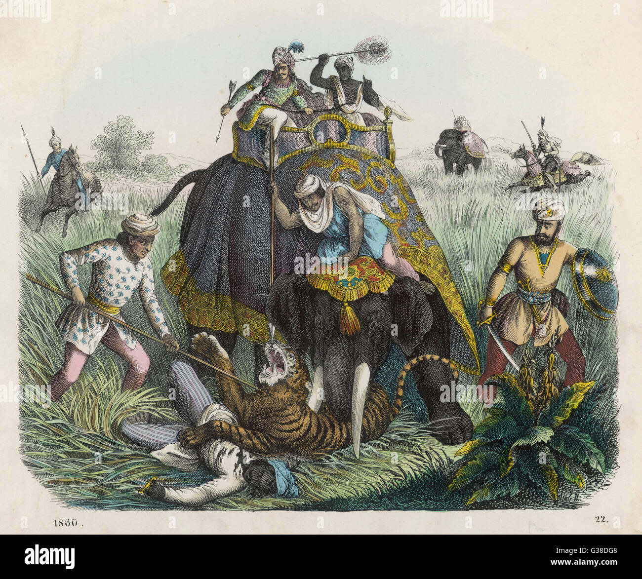 Der Höhepunkt einer Tigerjagd in Indien - Jäger zu Fuß oder auf Elefanten umgeben, die Tier und töten es Datum: 1860 Stockfoto