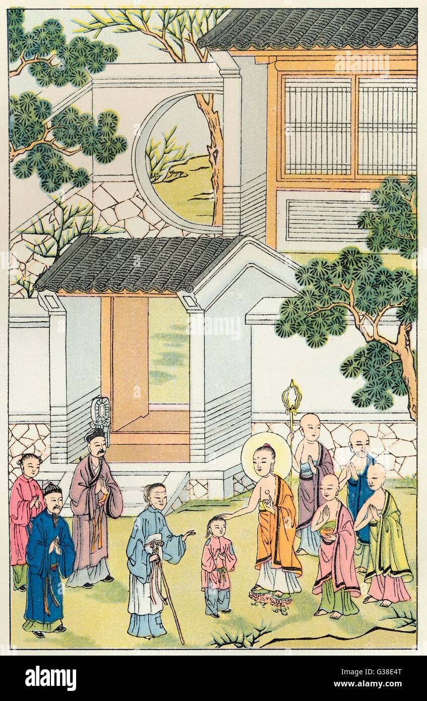 BUDDHA heilt A Kind Siddhartha Gautama, genannt Buddha, setzt Sicht auf ein blindes Kind Datum: 5. Jahrhundert v. Chr. Stockfoto