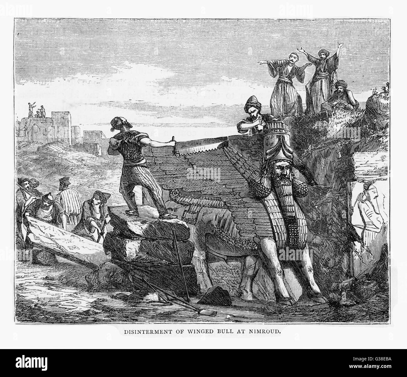 Die schweren Maßnahmen, die fabelhafte geflügelten Stier Reliefs bei Layards Ausgrabungen in Kalhu (sagen Nimrud) zu entfernen.      Datum: ca. 1850 Stockfoto
