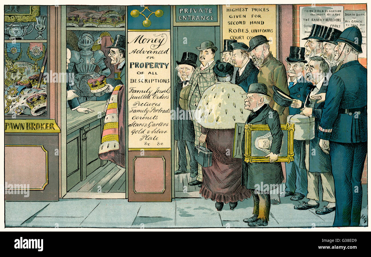 Cartoon, der Armut Reichtum, abbildenden Aristokraten Warteschlangen vor einem Pfandleiher laden ihre unerwünschte Eigenschaft zu verkaufen. Ein Gesetzentwurf zur Abschaffung des House Of Lords vorgebracht worden war, aber war nicht erfolgreich.   1894 Stockfoto
