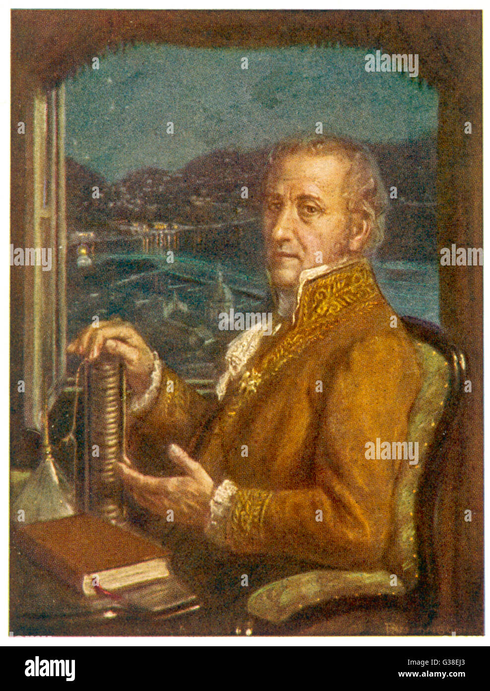 ALESSANDRO VOLTA italienischen zählen Wissenschaftler, dargestellt halten seine Batterie Datum: 1745-1827 Stockfoto
