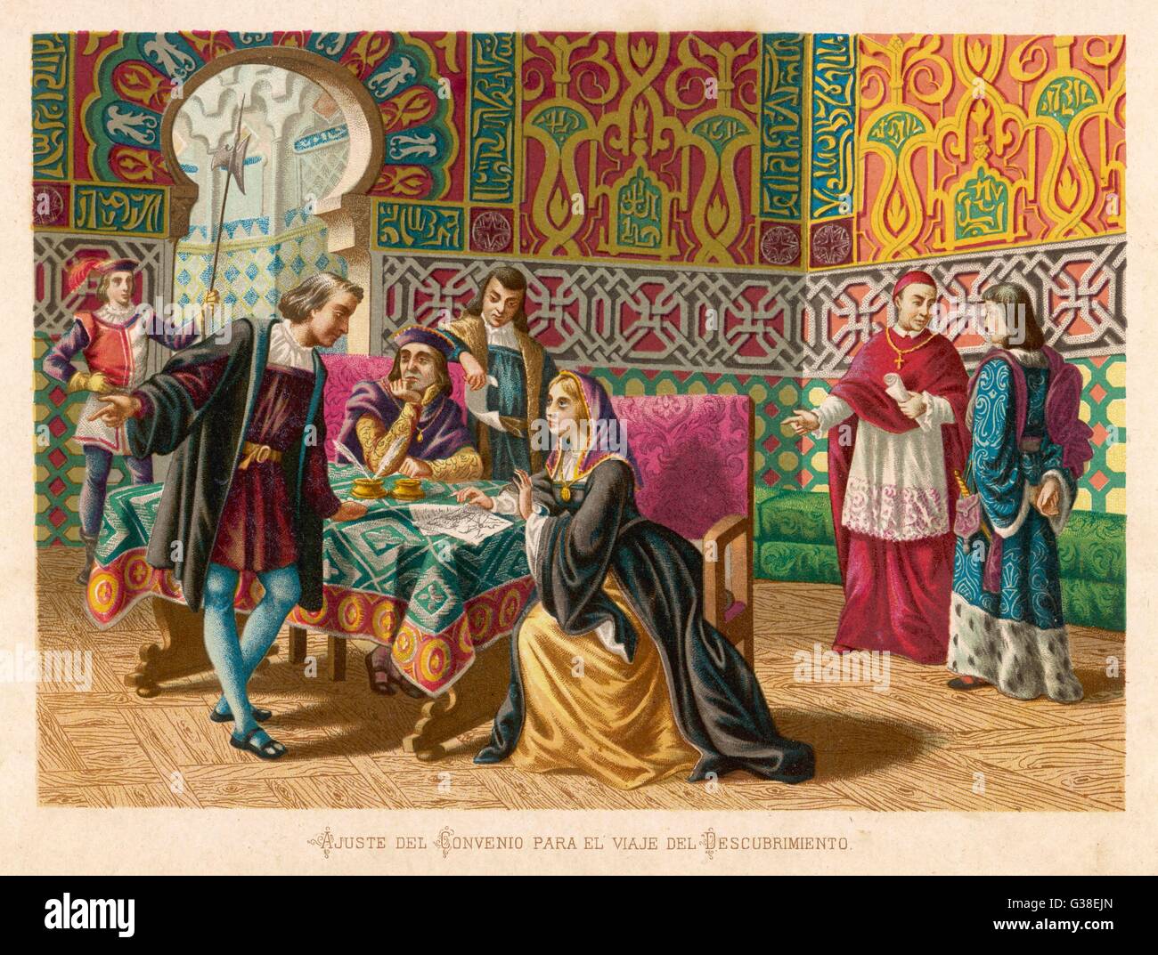 Columbus stimmt Begriffe mit König Ferdinand und Königin Isabella.       Datum: 1492 Stockfoto