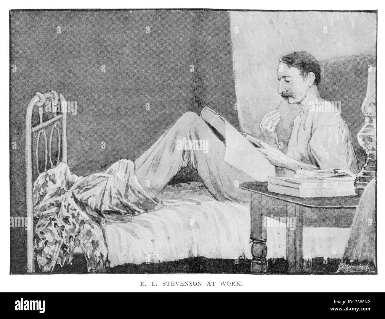 Stevenson im Bett schreibt Stockfoto