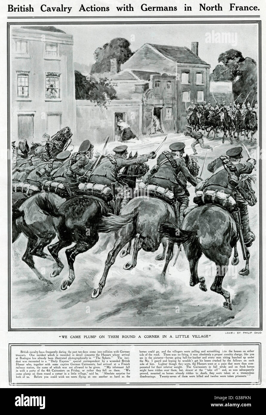Eine Kavallerie kämpfen in einem französischen Dorf bereits im ersten Weltkrieg. Britische Husaren Flucht Deutsch Kürassiere Datum: August 1914 Stockfoto