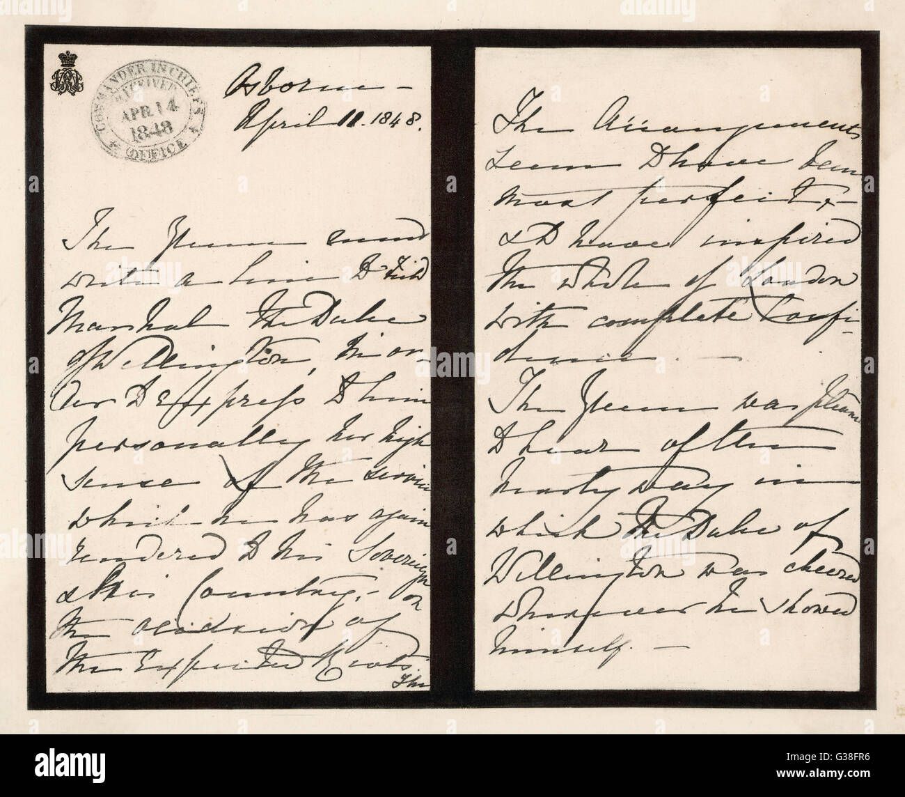 Königin Victorias Handschrift in einem Brief nach Wellington.        Datum: 14. April 1848 Stockfoto