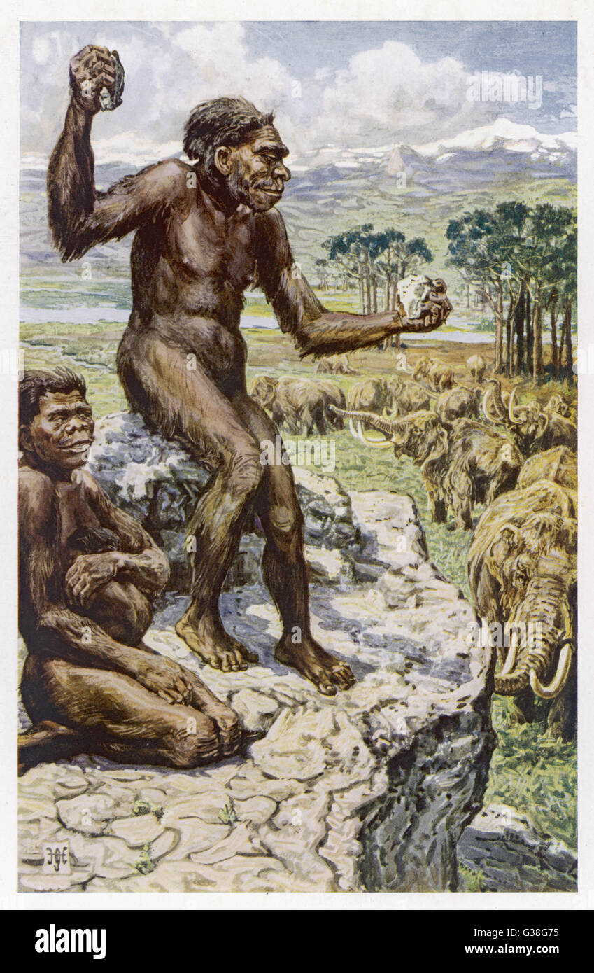 Ein Neandertaler-Weibchen wartet, während ihr Partner eine riesige Herde in der Hoffnung auf ein Datum Verwundung angreift: 100.000-40.000 v. Chr. Stockfoto