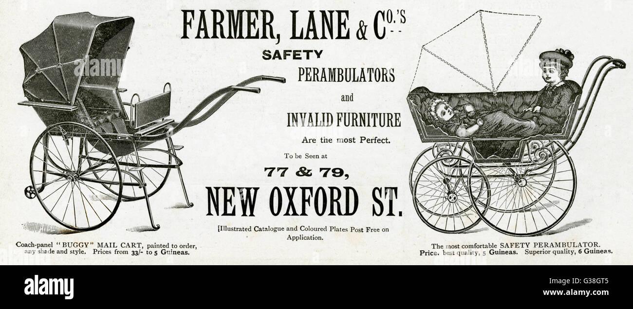 Werbung für Farmer, Lane - Co, Postwagen und Kinderwagen Stockfoto