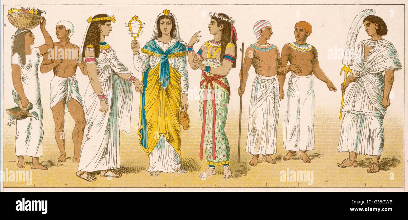Verschiedenen ägyptischen Kostüm: von links nach rechts - Frauen &amp; Männer des gemeinen Volkes, Damen von Rang, Männer von Rang und ein royal-Fan-Träger.  ALTEN ÄGYPTEN Stockfoto