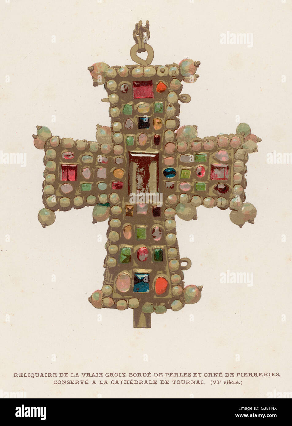 Teil des wahren Kreuzes, an dem Jesus gekreuzigt wurde, verziert mit Perlen und anderen Edelsteinen und erhalten in der Kathedrale in Tournai Datum: 6. Jahrhundert Stockfoto