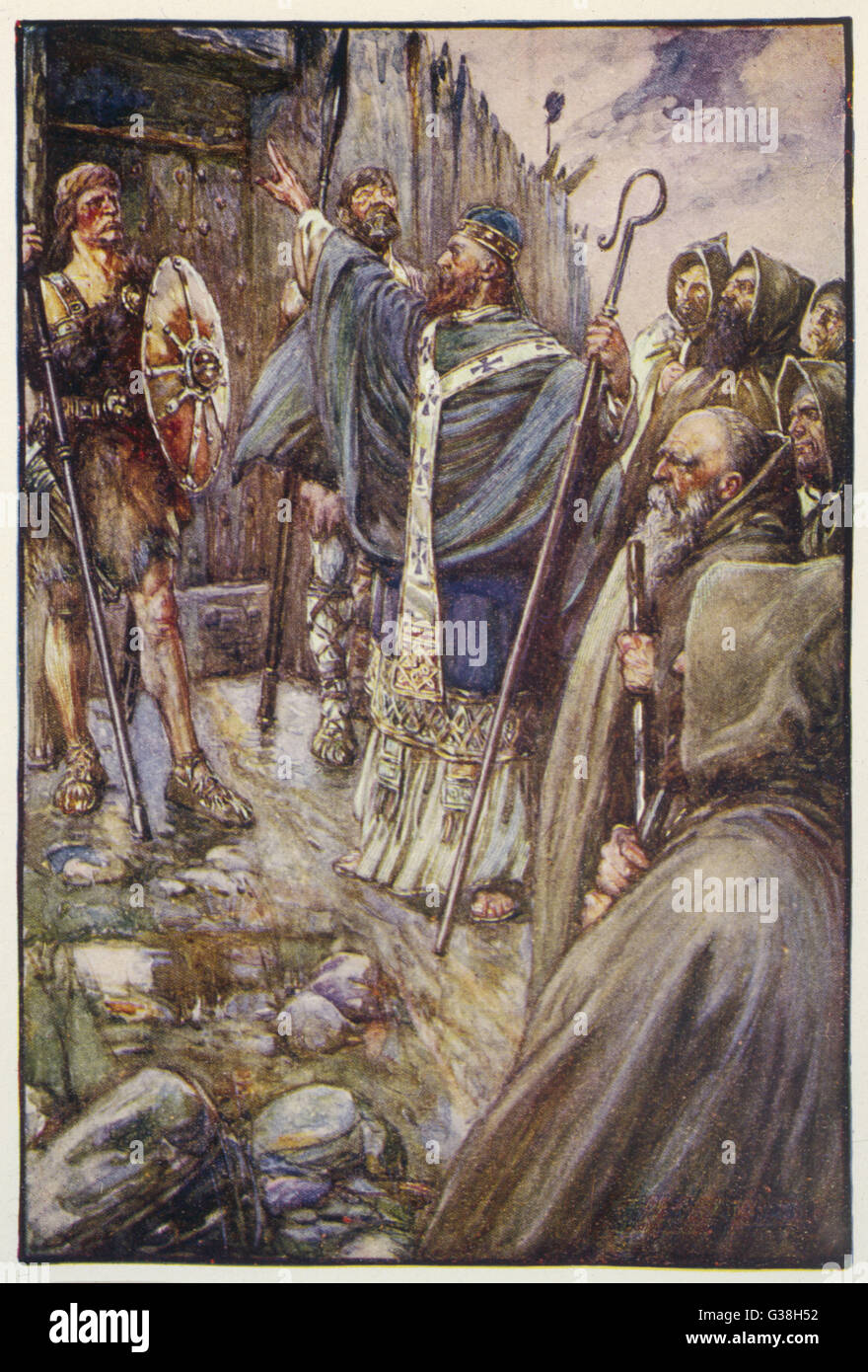 St. COLUMBA irischer Heiliger kommt in Inverness, die Heiden Picts, ein Wunder zu verwenden, um ihre Festungstore aufbringen zu konvertieren.     Datum: 521-597 Stockfoto