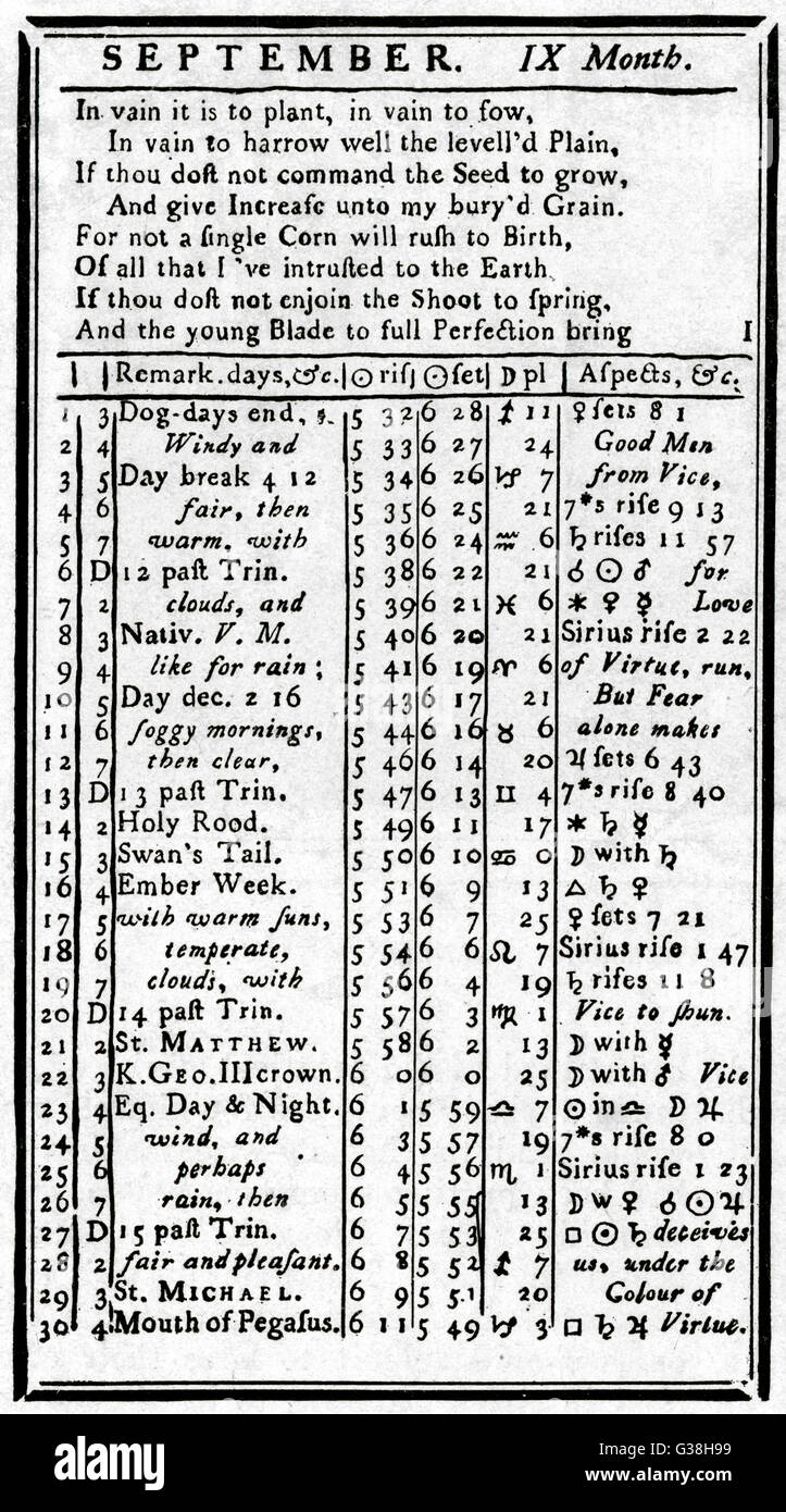 BENJAMIN FRANKLIN eine typische Seite von seinem berühmten "Poor Richard Almanack" für den Monat September, zusammen mit eine Strophe über die Ernte Datum: 1706-1790 Stockfoto