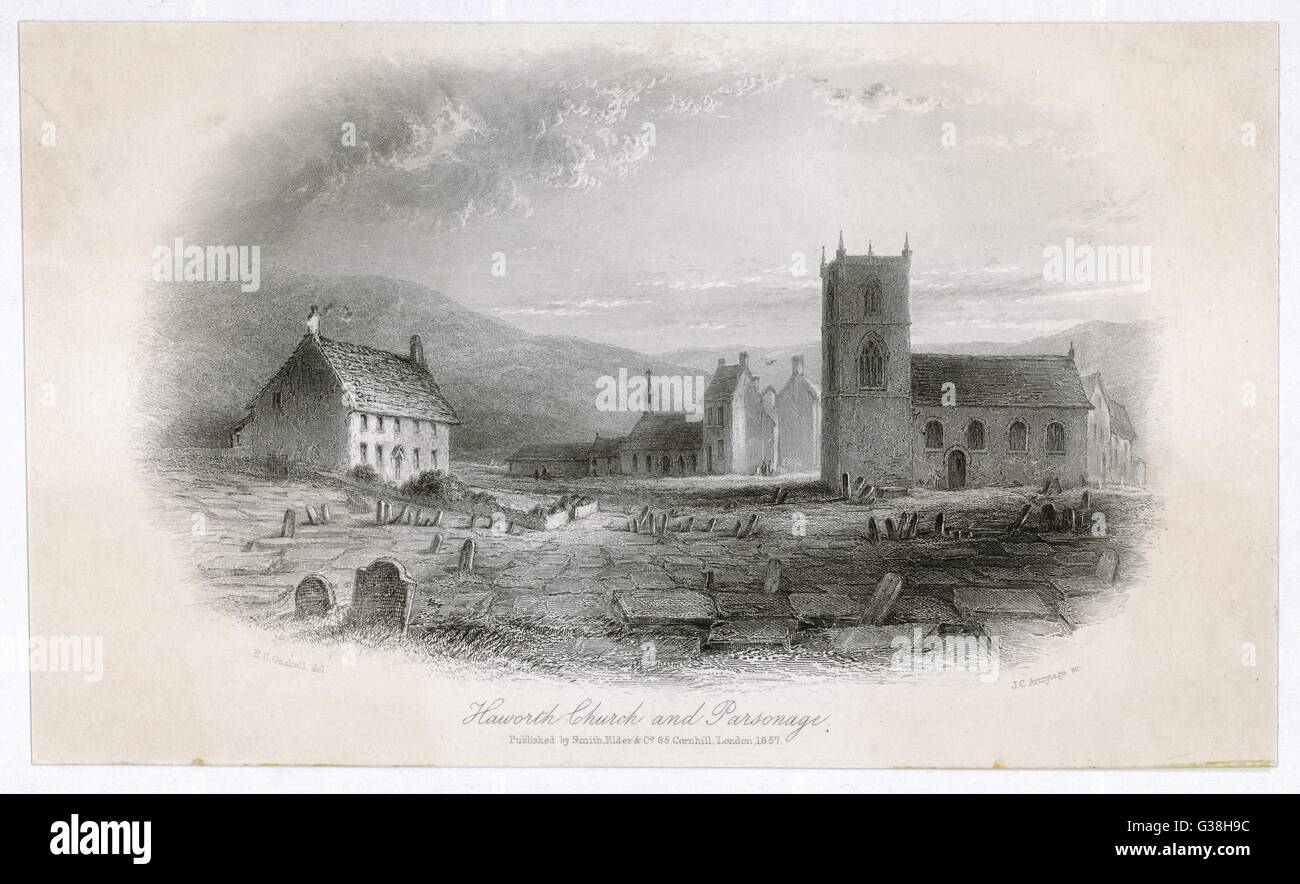 HAWORTH Haworth Kirche und Pfarrhaus mit Details des Friedhofs Datum: 1857 Stockfoto