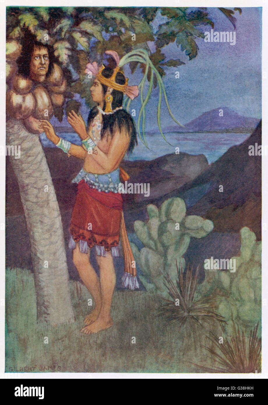 "Popol Vuh", einer alten Maya-Handschrift.  Prinzessin Xquiq (Blut) nimmt einen Kürbis vom verbotenen Baum.  Es ist tatsächlich der Leiter des Hunhun - Apu, wer ihr imprägniert. Stockfoto