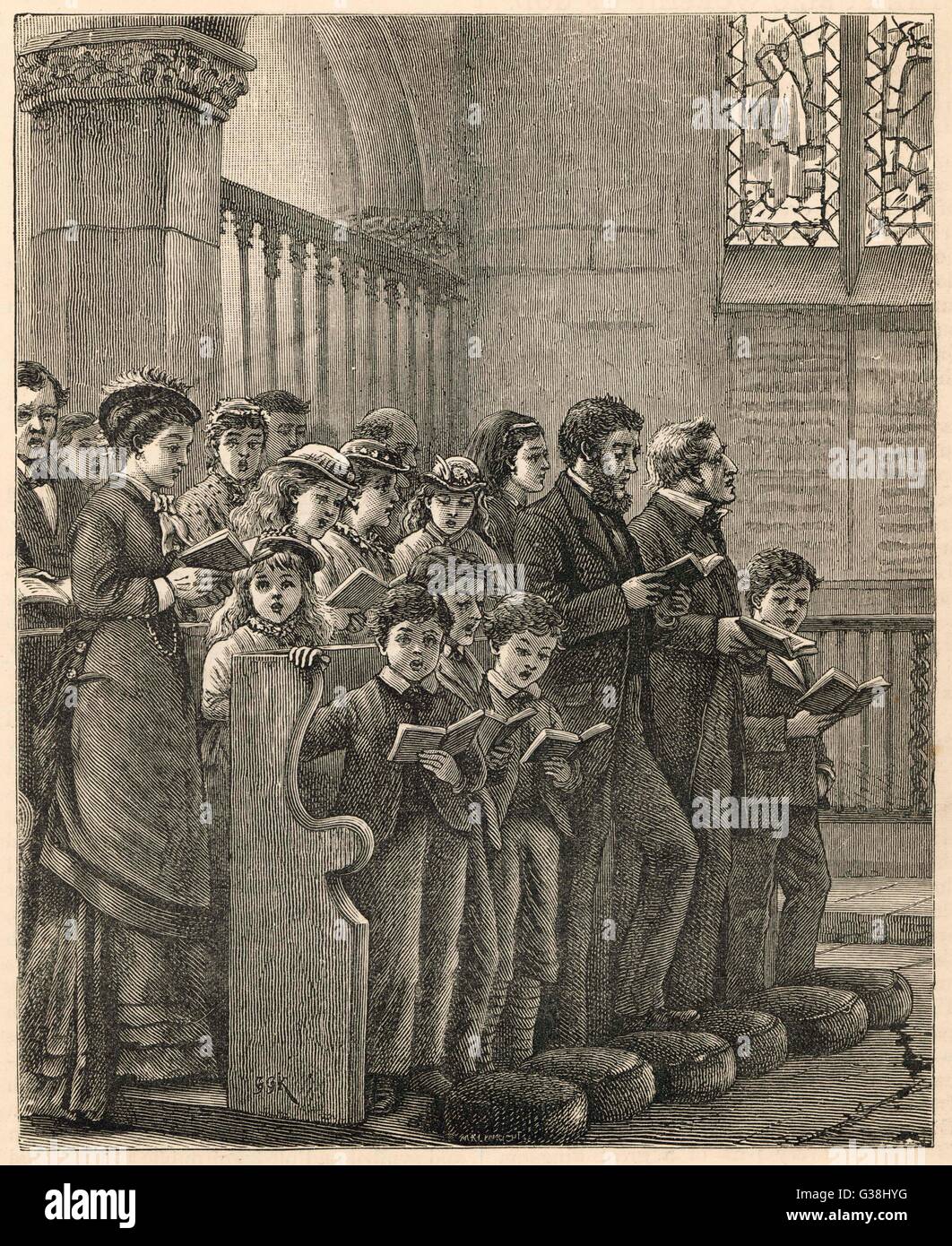 Eine anglikanische Gemeinde aufstehen zu singen eine Hymne Datum: 1881 Stockfoto