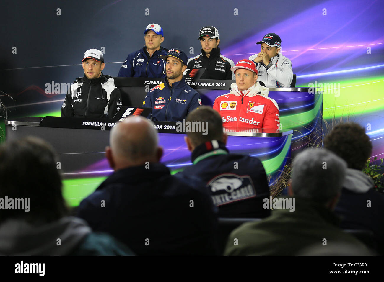 Montreal, Kanada. 9. Juni 2016. F1 Grand Prix von Kanada. Treiber-Pressekonferenz. McLaren-Honda-Jenson Button, Sauber F1 Team – Marcus Ericsson, Williams Martini Racing – Felipe Massa, Sahara Force India VJM09 - Sergio Perez, Scuderia Ferrari – Kimi Räikkönen und Red Bull Racing – Daniel Ricciardo Credit: Action Plus Sport/Alamy Live News Stockfoto