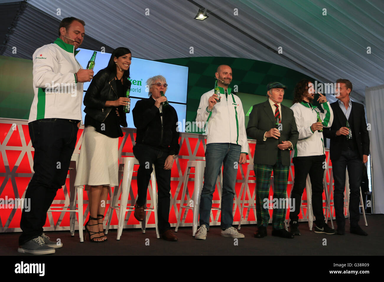 Montreal, Kanada. 9. Juni 2016. F1 Grand Prix von Kanada. Treiber-Pressekonferenz. Scott Quinnell, Stephanie Sigman, Bernie Ecclestone, Gianluca Di Tondo, Sir Jackie Stewart, Carles Puyol und David Coulthard auf der Konferenz zu F1 Partnerschaft mit Heineken bekannt zu geben. Niederländische Brauerei Firma Heineken kündigte einen mehrjährigen Sponsorenvertrag mit der Formel1, die die Biermarke ein globaler Partner und Sponsor des Grand Prix von Italien und 3 andere 2017-Rennen zu sehen. Ehemalige Fahrer David Coulthard und Sir Jackie Stewart werden Botschafter der Aktionen sein. Stockfoto