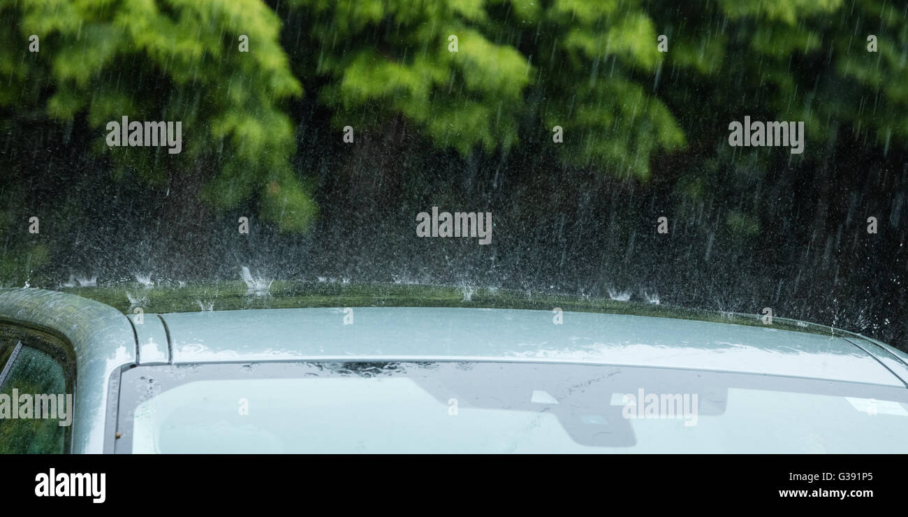 Sheffield, South Yorkshire, England. 10. Juni 2016. UK-Wetter: Sintflutartige Regenfälle spritzt aus einem Autodach in Sheffield South Yorkshire heftigen Regenfälle unterworfen ist. Bildnachweis: Graham Dunn/Alamy Live-Nachrichten Stockfoto