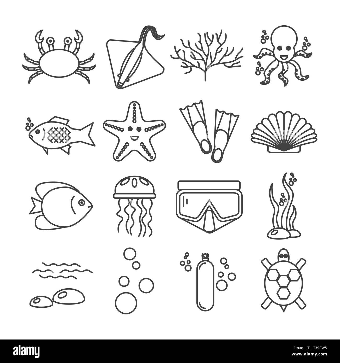 Tauchen Symbole set mit Fisch und Ausrüstung Stock Vektor