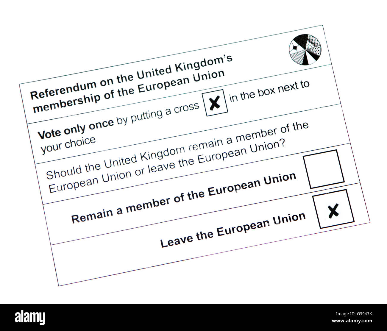 2016 UK EU Referendum Briefwahl-Stimmzettel Stockfoto