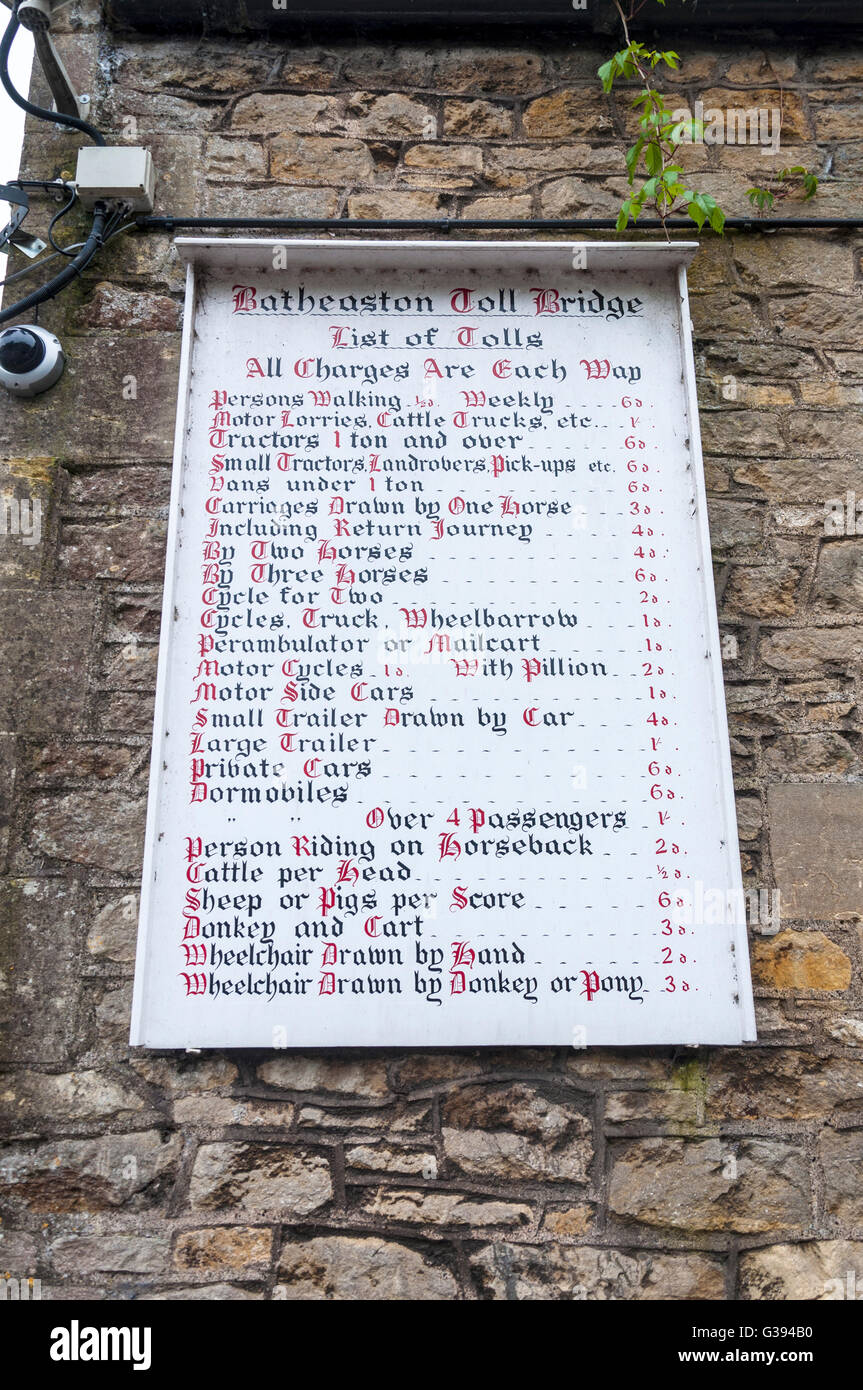 Furnished Mautbrücke historische Liste der Maut über Fluss Avon, Somerset, England, UK Stockfoto