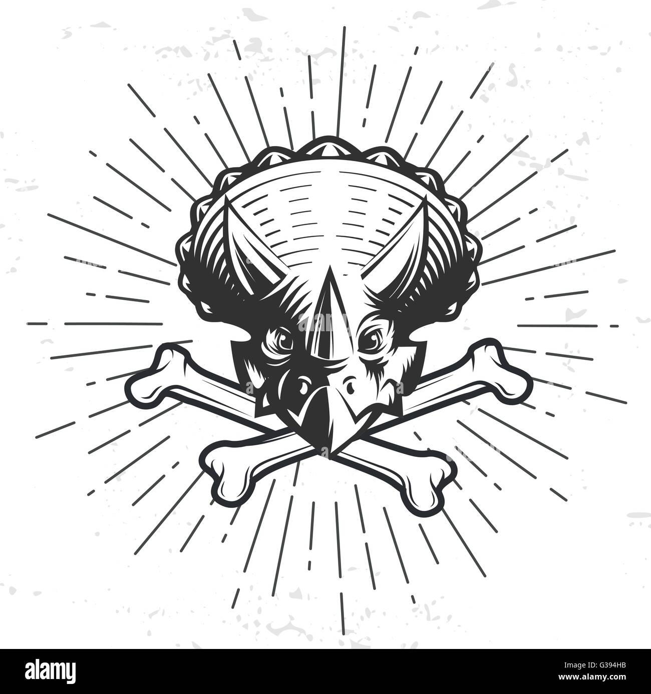 Dino-Logo-Vorlage. Triceratops-Sport-Maskottchen-Design. Vektor Knochen Kamm Label. Jurassic Period Sunburst Abbildung. Fury Dino Insignien Konzept. Antike Abzeichen Stock Vektor