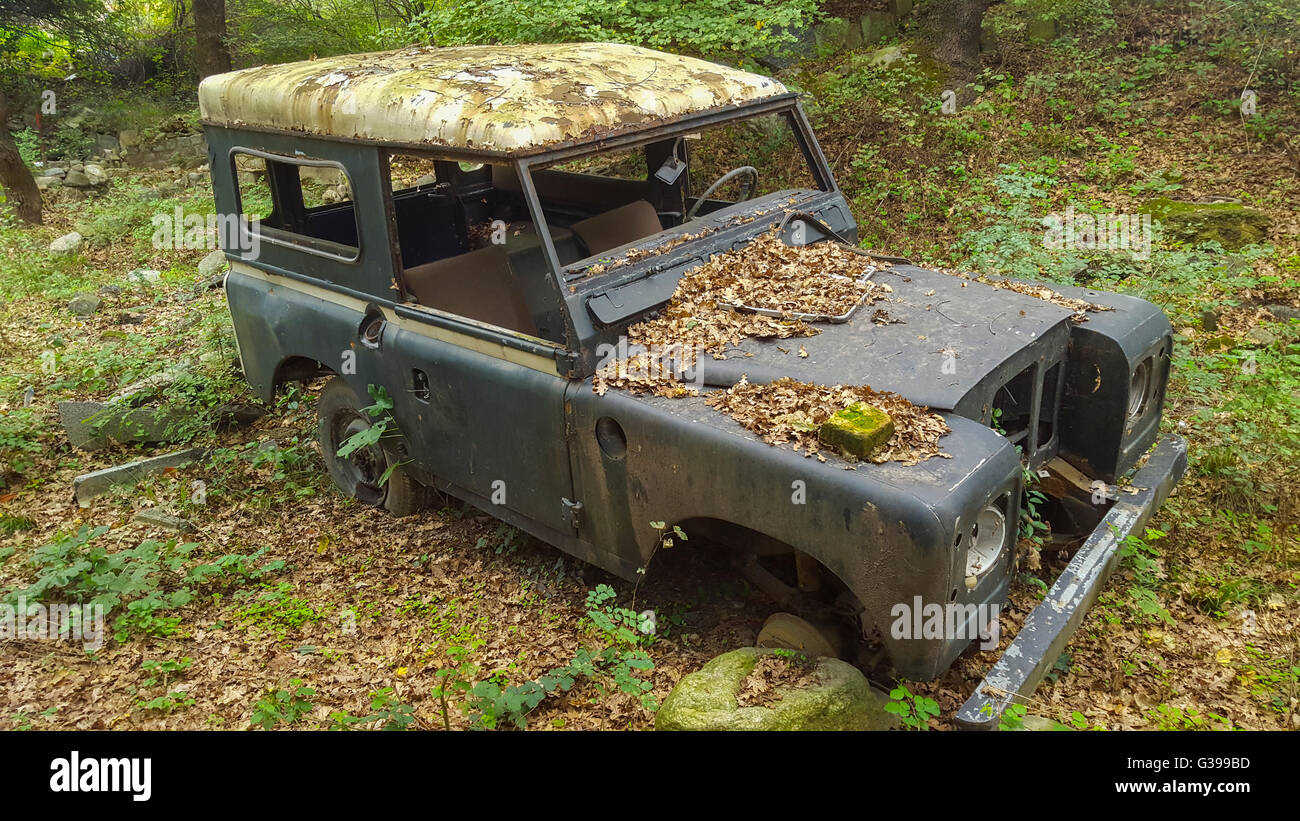 Alte verrostete Jeep im Wald Stockfoto