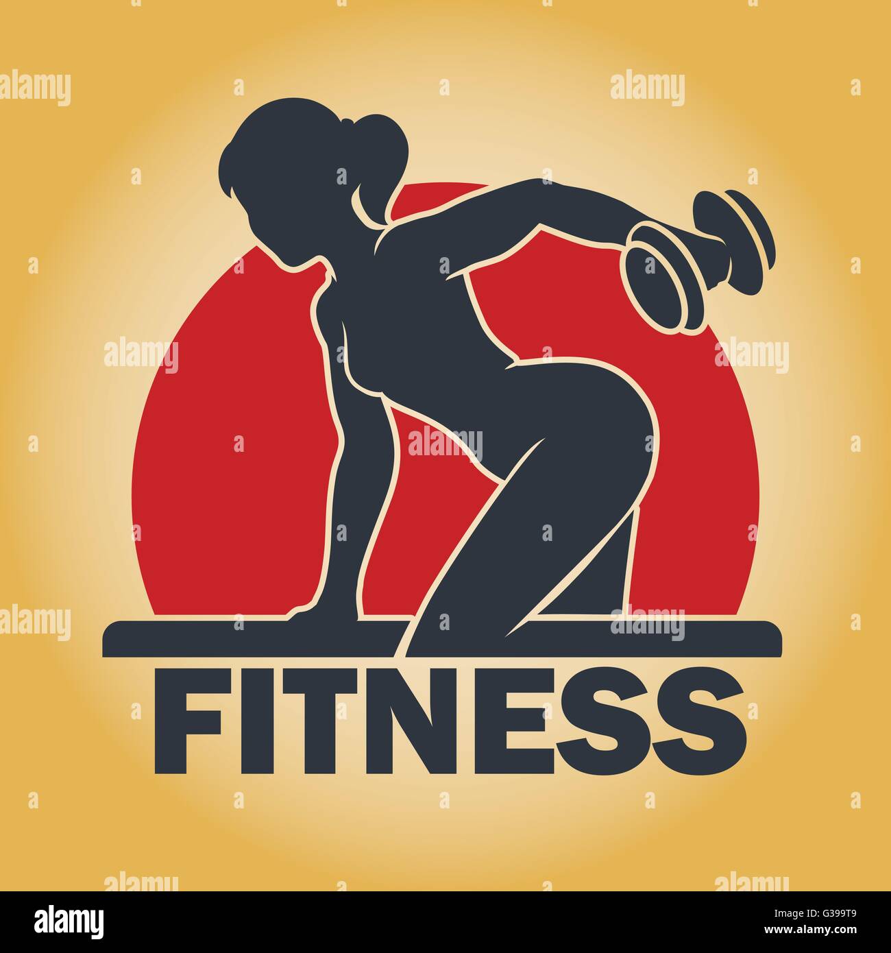 Junge Fitness Frau Körper mit Hanteln training in einem Fitnessstudio. Fitness-Center-Emblem. Kostenlose Schriftart verwendet. Stock Vektor