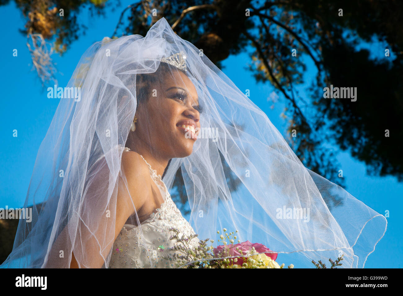 Eine herrliche afrikanische amerikanische Braut sieht aus der Entfernung mit ihrem Schleier über ihr Gesicht und im Wind wehen. Stockfoto