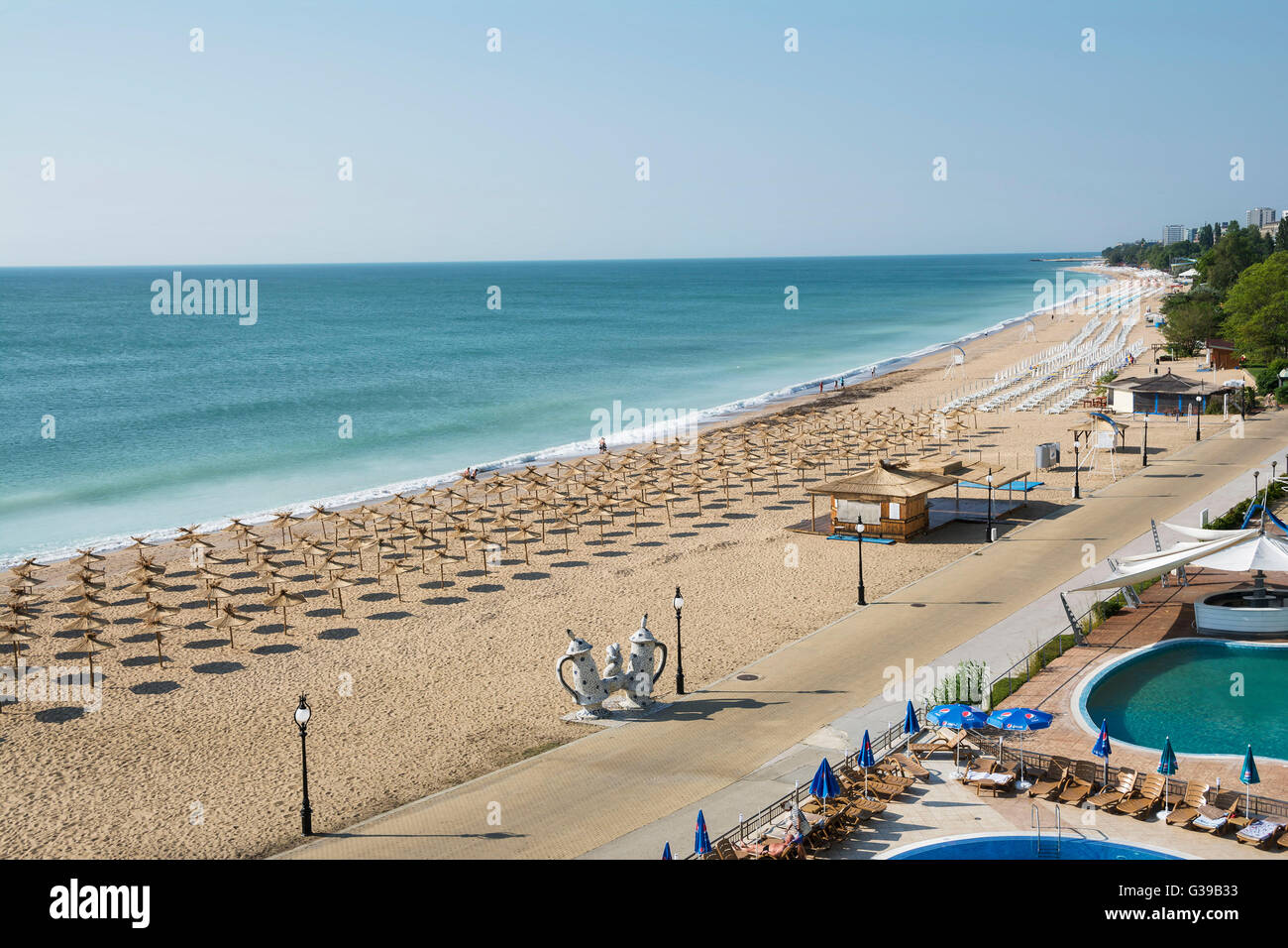 Golden Sands Beach, Sommer-Attraktion und Resort an der Schwarzmeerküste in Varna, Bulgarien. Stockfoto