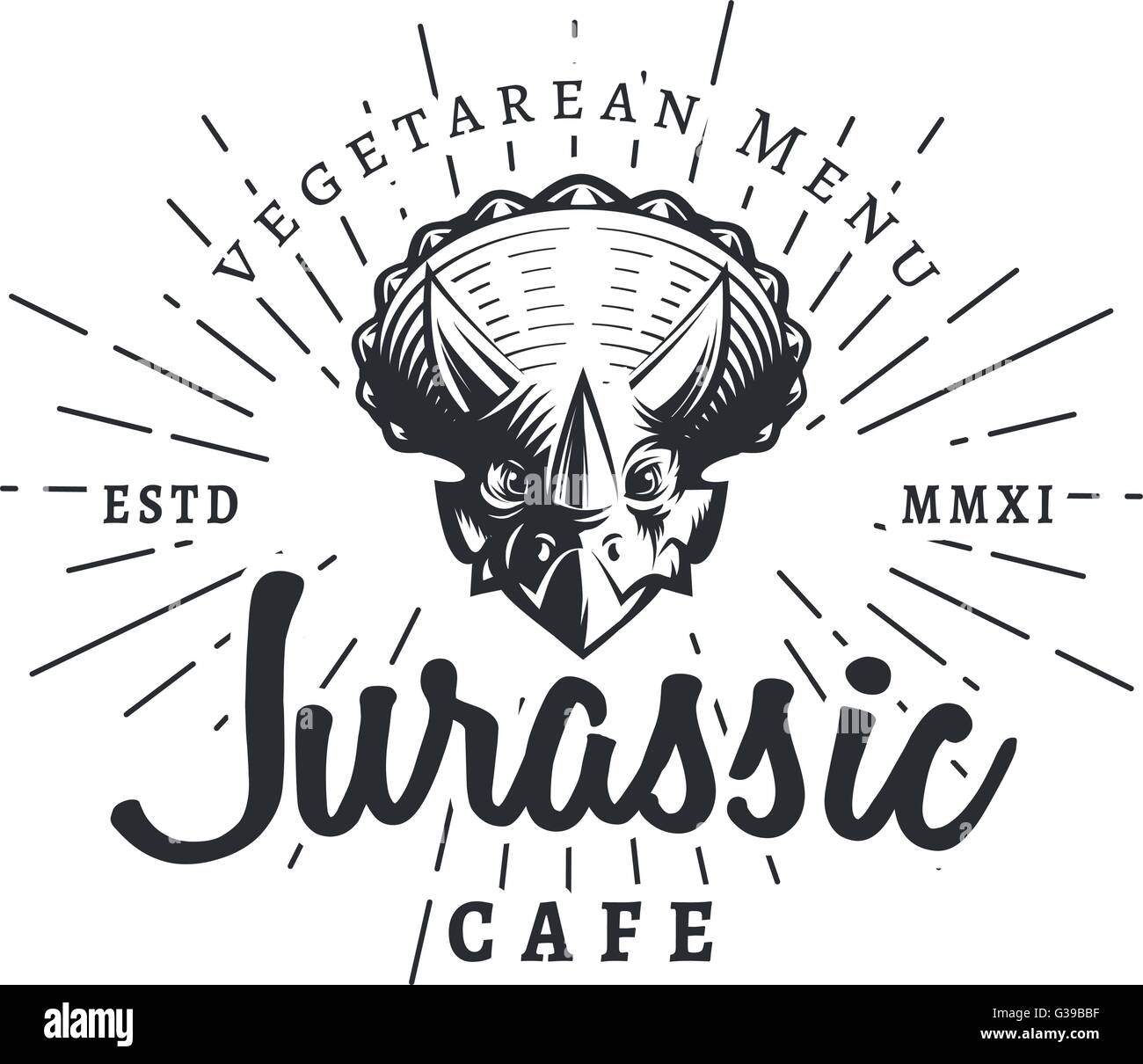 Jura Cafe Logo Vorlage. Dinosaurier-Vegetarean-Menü-Logo. Dino-Tattoo-Studio-Maskottchen-Design. Vektor-Sunburst-Label. Kreidiges Periode Park Retro-Abbildung. Fury Dino Insignien Konzept. Antike Abzeichen Stock Vektor