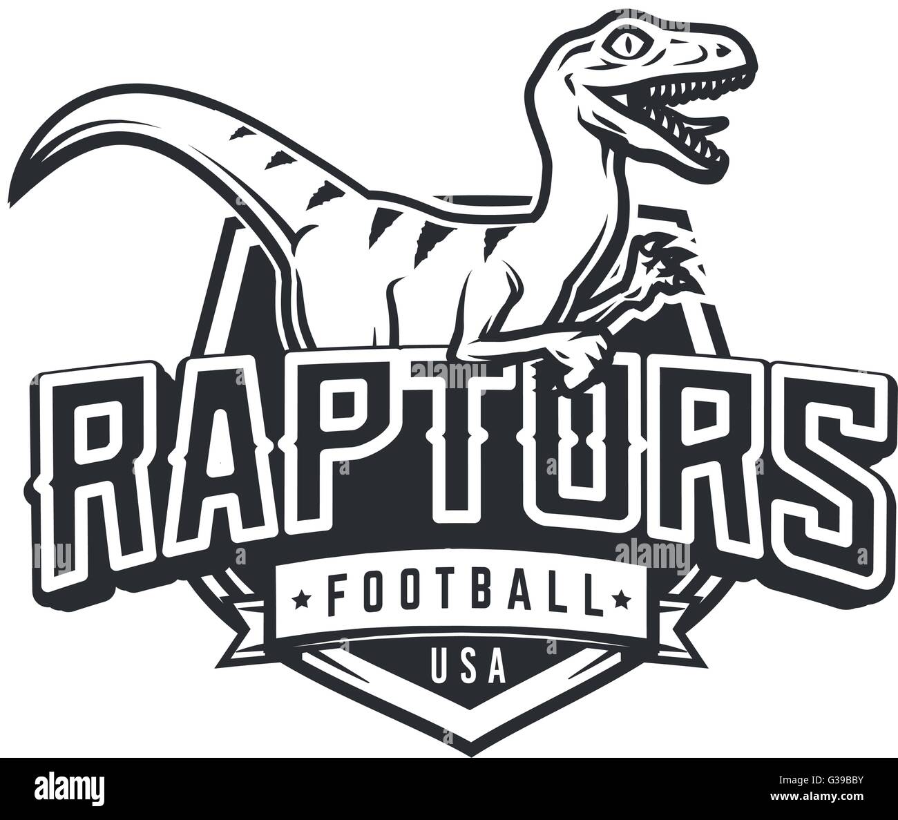 Raptor-Sport-Logo-Maskottchen-Design. Vintage College Team Wappen. Dino-Vektor-Logo-Vorlage. Sportswear Shop T-shirt Illustration Konzept Stock Vektor