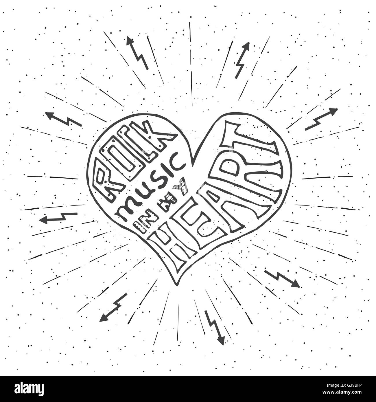 Rock-Musik in meinem Herzen. Handgezeichnete Schriftzug-Design mit Herz. Typografie-Konzept für t-shirt-Design oder Web-Site. Stock Vektor