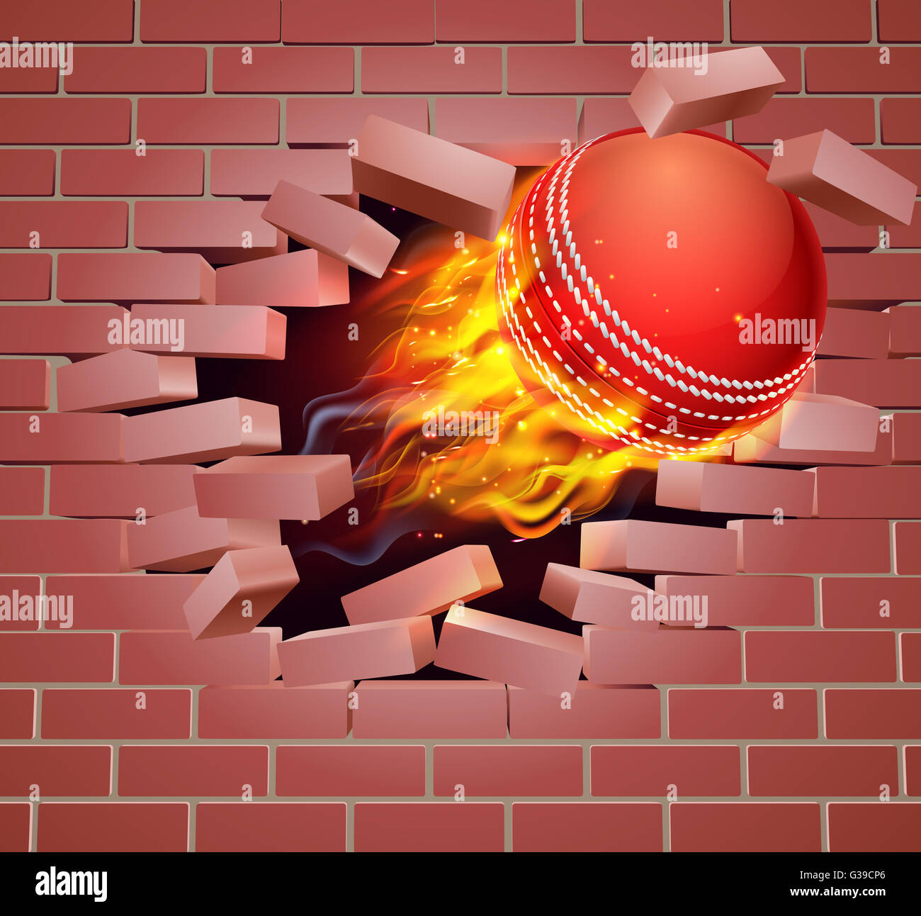 Ein Beispiel für eine brennende flammenden Cricketball am Feuer reißen ein Loch durch die Wand Stockfoto