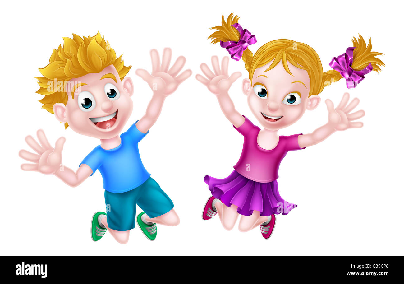 Cartoon Junge Junge und Mädchen Kinder springen vor Freude mit den Händen in der Luft Stockfoto