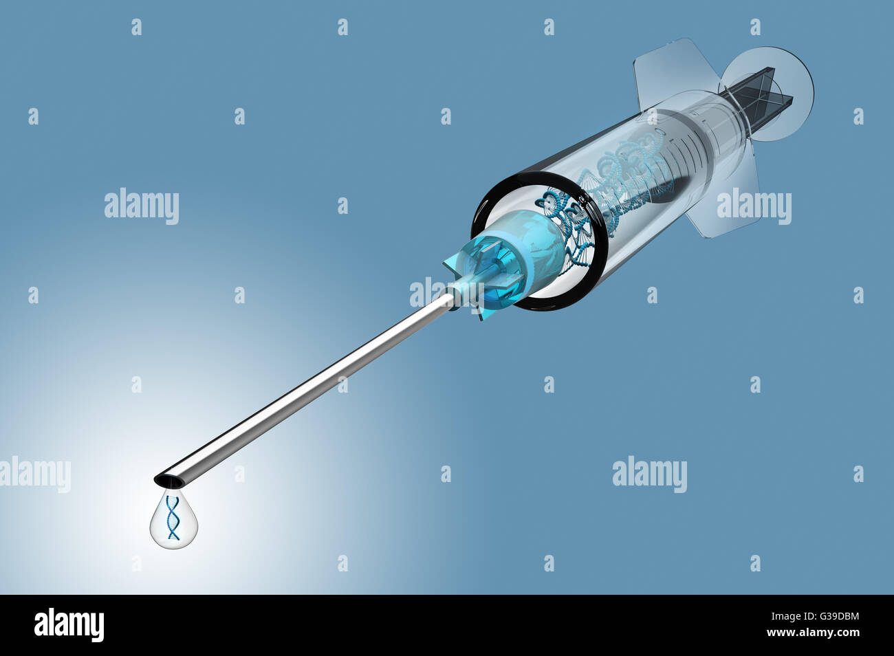Spritze Injektionsnadel mit Drop isoliert. Stockfoto