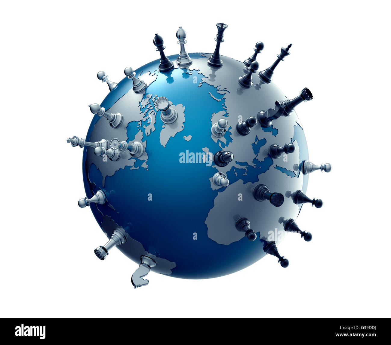 Symbol der Geopolitik der Weltkugel mit Schachfiguren Stockfoto