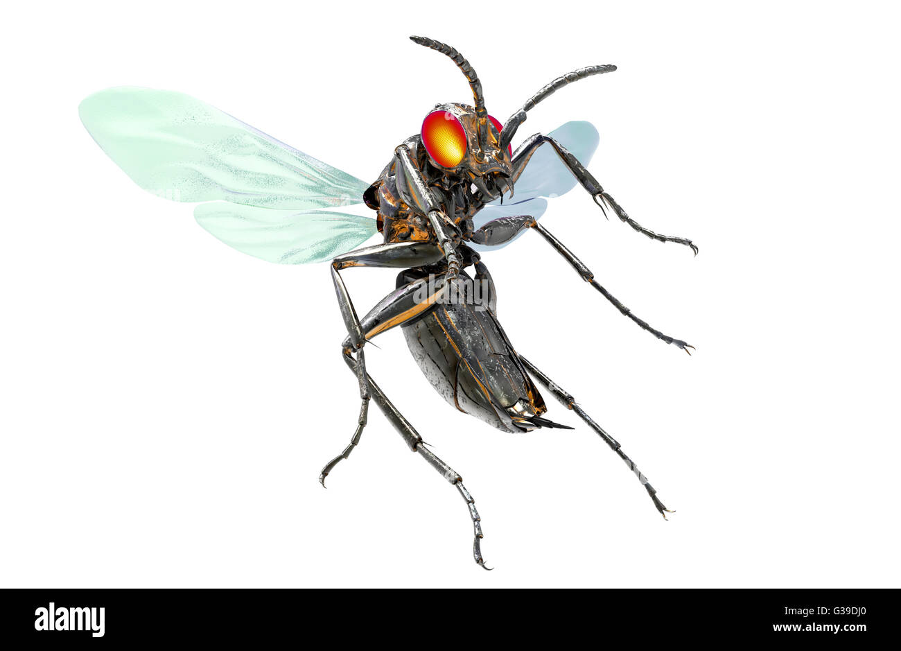 Metall Roboter Insekt isoliert auf weiss mit Beschneidungspfad, 3D Illustration. Stockfoto